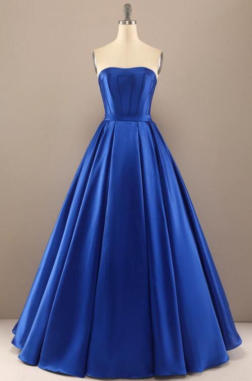Simple A Line Royal Blue Satin Long Prom Dress