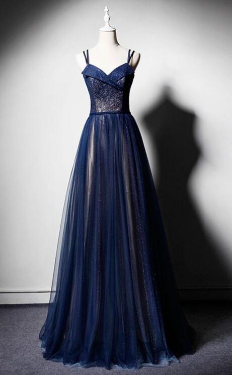 A Line Dark Blue Tulle Long Prom Dress, Dark Blue Evening Dress