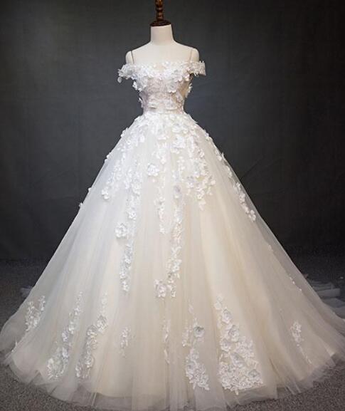 Ivory Tulle Lace Applique Long Prom Dress, Lace Wedding Dress