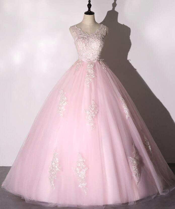 Elegant Ball Gown High Neckline Pink Tulle Party Dress Lace Homecoming Dresses