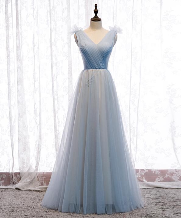 Grey Blue Halter A Line Tulle Ball Dress with Embroidery
