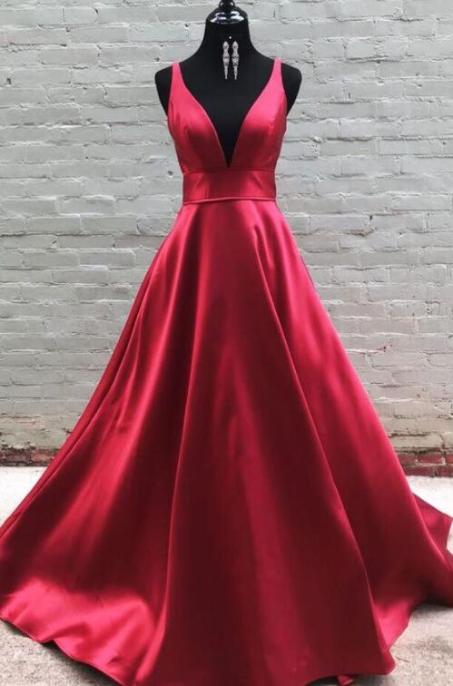 Sexy V Neck Burgundy Beadings Satin Prom Dresses LBQ0737 main image 1