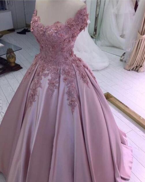 Off Shoulder Dusty Rose Ball Gown Flowers Prom Dresses