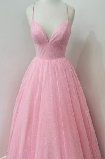 A Line V Neck Backless Pink Long Prom Dress