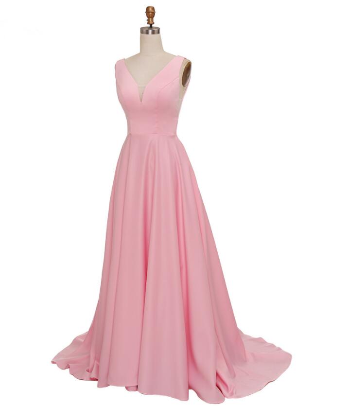 Simple Pink Long Satin Prom Dress Evening Gown