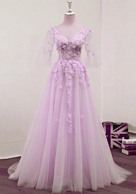 Light Purple Tulle Lace Applique Prom Dress