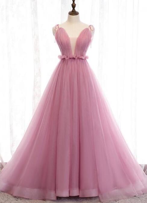 Pink V-neckline Straps Tulle Long Evening Dress