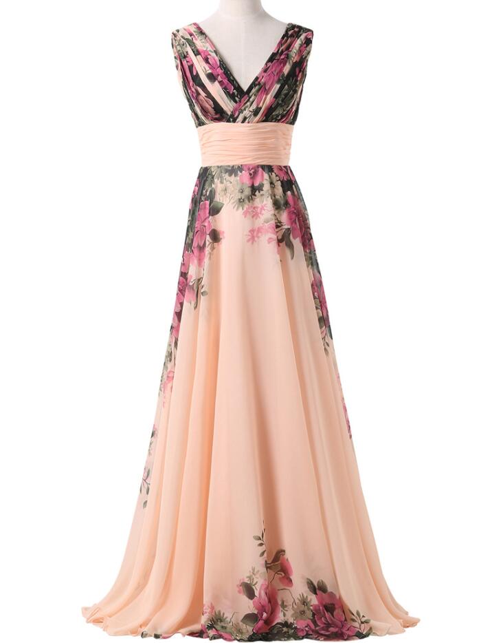 Women Sleeveless Floral Print Chiffon Prom Dress