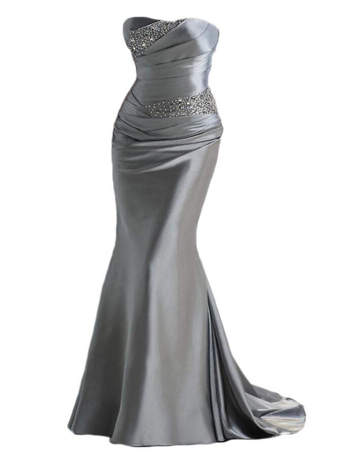 Mermaid Silver Gray Prom Dresses,long Satin Prom Dresses