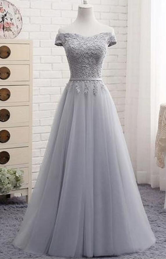 Off The Shoulder Gray Tulle Lace-up Sweetheart Prom Dress