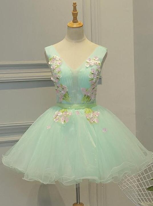Light Green Tulle Floral Teen Party Dresses