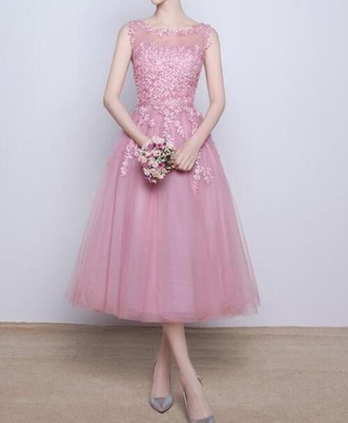 Tea Length Pink Formal Dresses, Bridesmaid Dresses