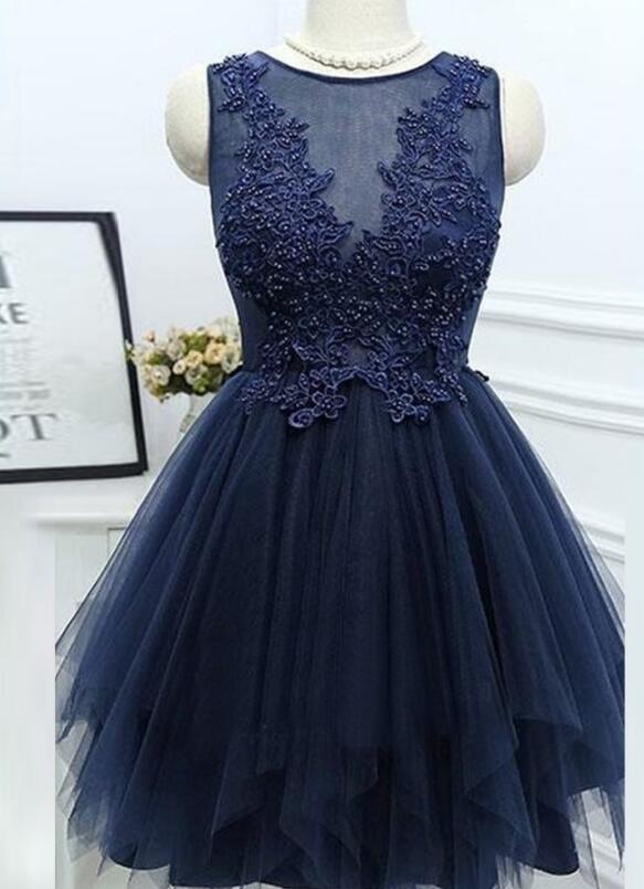 Navy Blue Homecoming Dress With Appliques