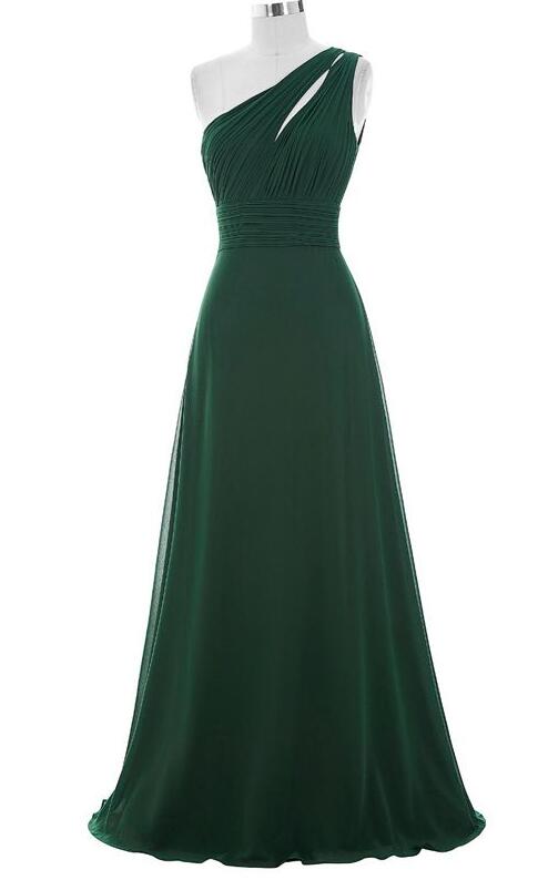 Sleeveless One Shoulder Chiffon Green Long Prom Dress