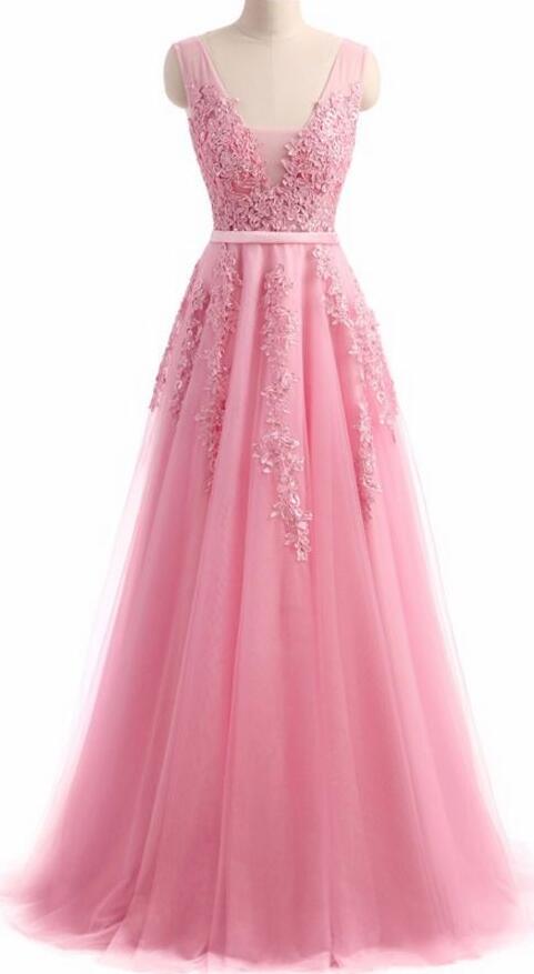 Floor Length Pink Tulle Long Prom Dress With Lace