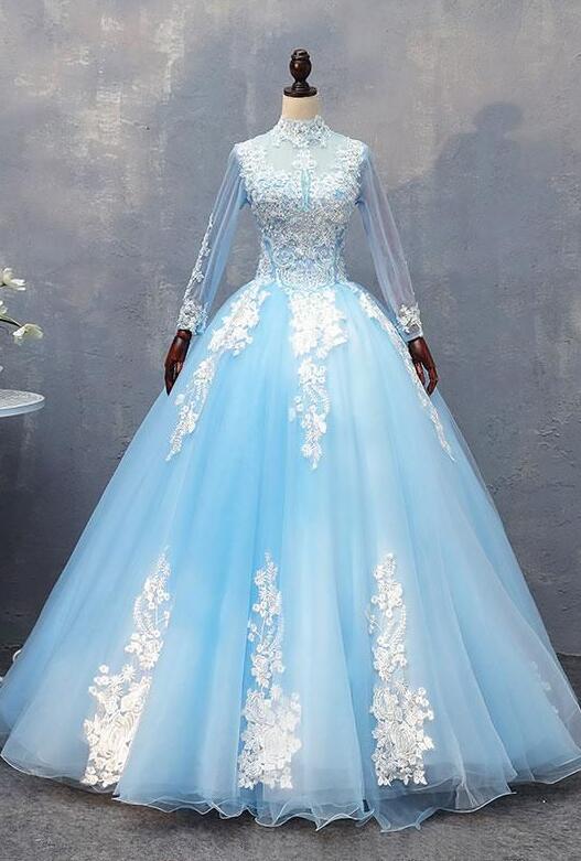 A Line Blue Tulle Lace Long Prom Dress Evening Dress