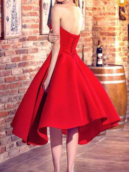 Red High Low Sweetheart Satin Short Prom Dress main image 1
