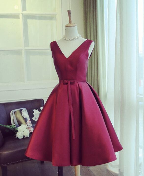 Lovely V neckline Wine Red Satn A Line Cocktail Dresses on Luulla