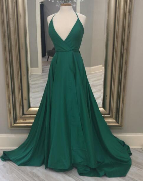 V Neck Dark Green Prom Dresses Long Evening Gowns Formal Dress