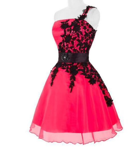 Cute One Shoulder Hoco Prom Dress with Black Lace