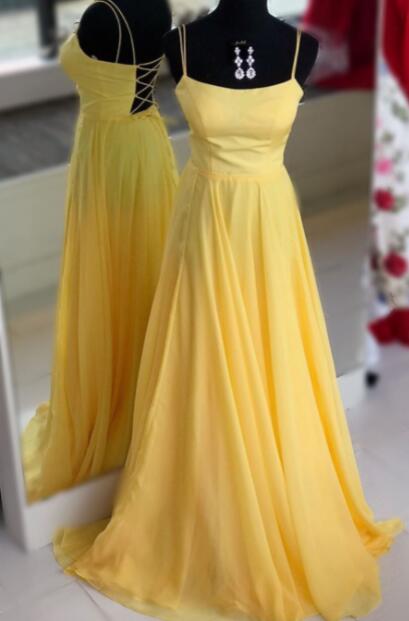 Long Yellow Chiffon Prom Dress With Tie Back