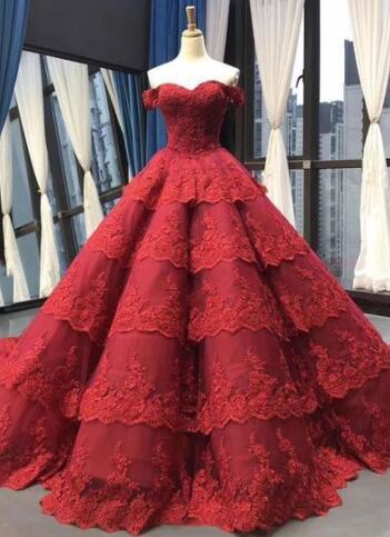 Sweetheart Ball Gown Burgundy Lace Sweep Train Layered Prom Dress