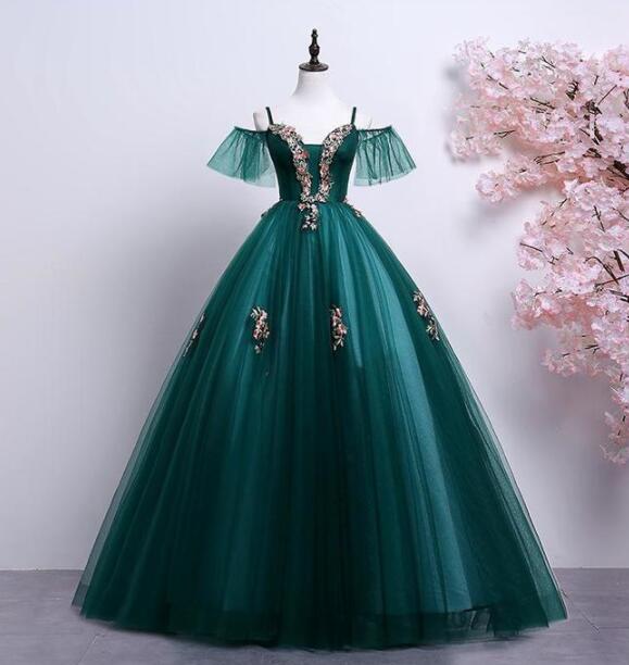Beauty Dark Green Embroidery Ball Gown Medieval Renaissance Sissi Princess Prom Dress