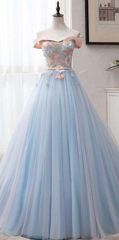 Off-the-shoulder Appliques Ball Gown Blue Tulle Long Prom Dress