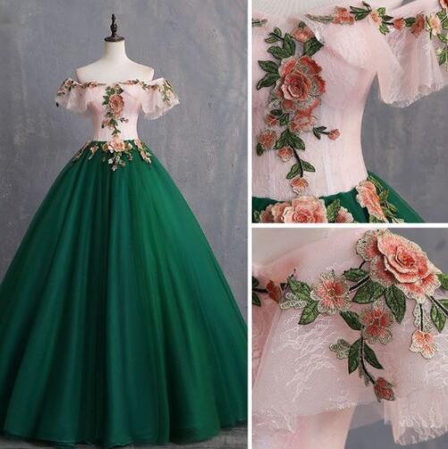Floor-length Off-the-shoulder Dark Green Prom Dresses Ball Gown Appliques Lace Short Sleeve Backless Dress