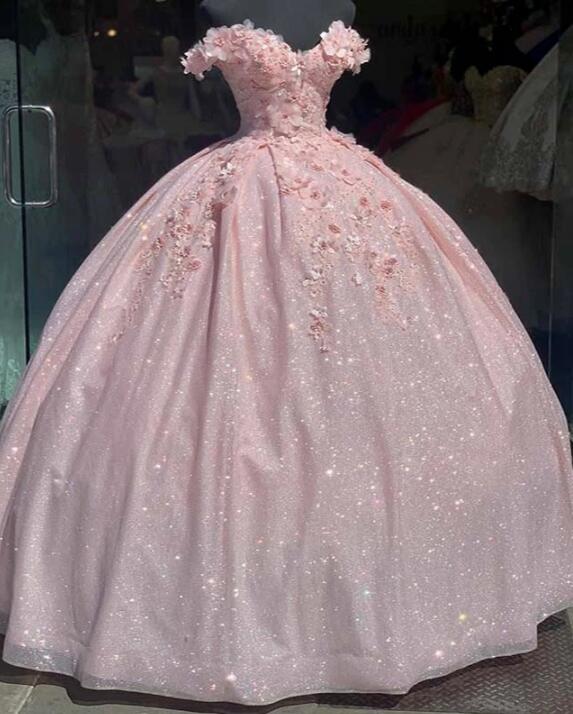 Sweetheart Prom Dress Ball Gown Pink Glitter Party Dress