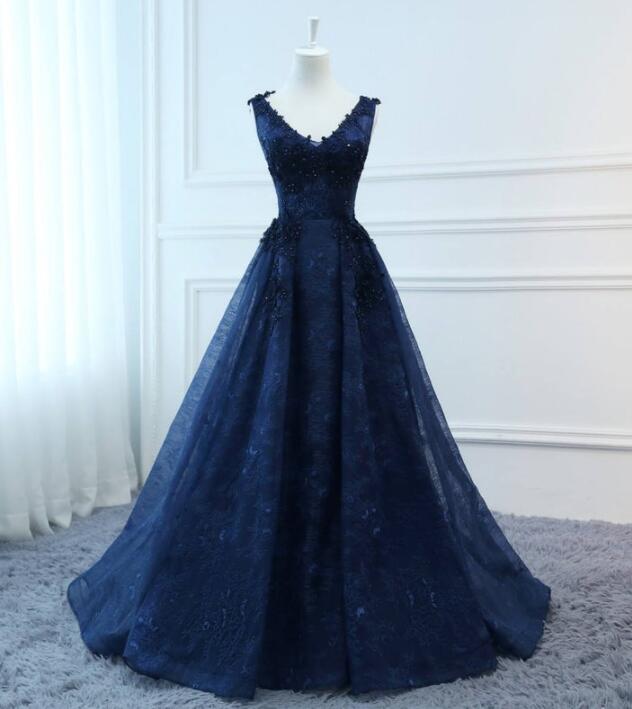 Fashionable Long Navy Blue Evening Dresses Foral Tulle Dress Women Formal Party Gown