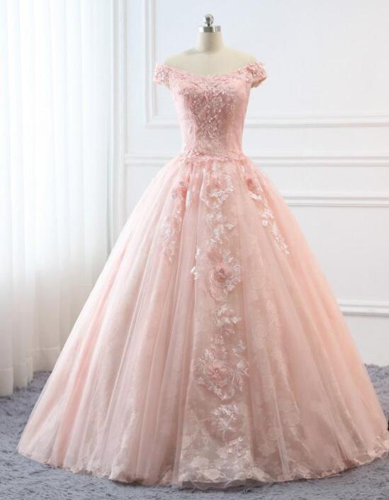 Ball Gown Light Pink Prom Dress Long Quinceanera Dress Floral Flowers Wedding Bride Gown