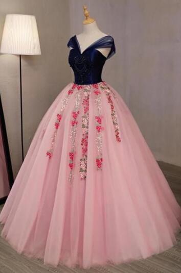 A Line Pink Tulle V Neck Long Evening Dress With Cap Sleeve