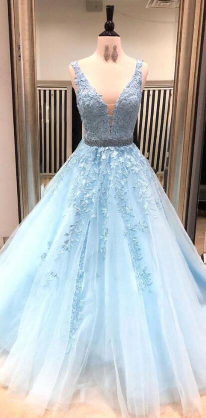 A-line Blue Lace Appliques Long Tulle Prom Dresses