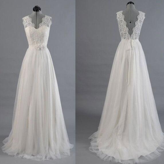 Charming V Neck Lace Wedding Dresses With Sash
