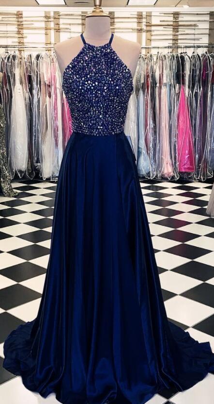 Halter Navy Blue Satin Prom Long Dresses With Beaded on Luulla