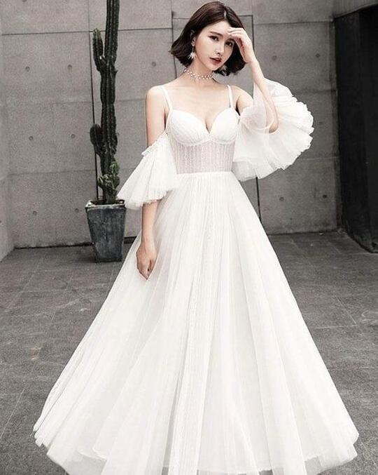 Sexy Tulle Long Prom Dress, Unique White Evening Dress