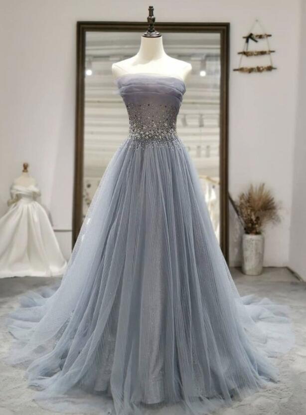 Gray Tulle Sequin Long Prom Dress, Formal Dress