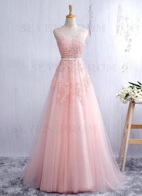 A Line Long Prom Dress with Lace Appliques