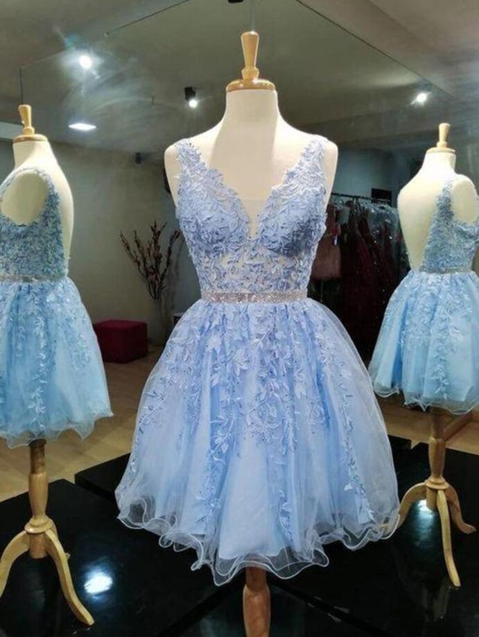 Backless Light Blue Lace Homecoming Dresse