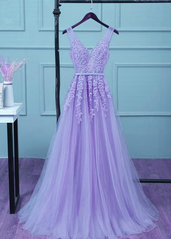 light purple lace bridesmaid dresses Light Purple A-line Tulle with Lace Prom Dress, Light Purple Long Even –  formalgowns main image 0