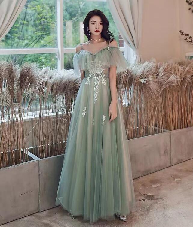 mint green off shoulder dress Tulle Applique Mint Green Off the Shoulder A line Evening Dresses Long Prom  Dresses main image 0