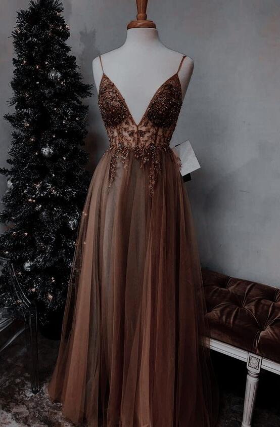 Tulle with Beaded Long Dresses Dark Green