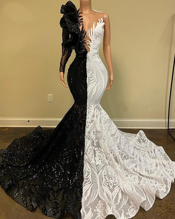 Mermaid Black And White Sequin Prom Dress