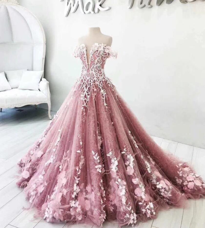 Ball Gown Off The Shoulder Prom Dresses With 3d Flowers