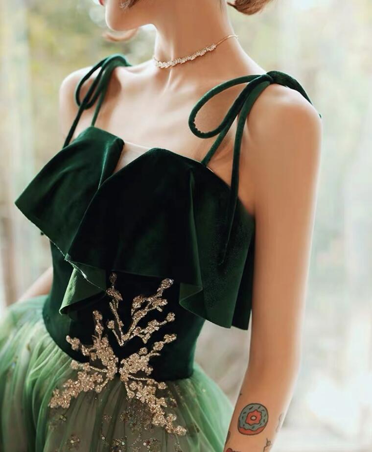 Vintage A line Straps Black Tulle Velvet Long Prom Dress B671