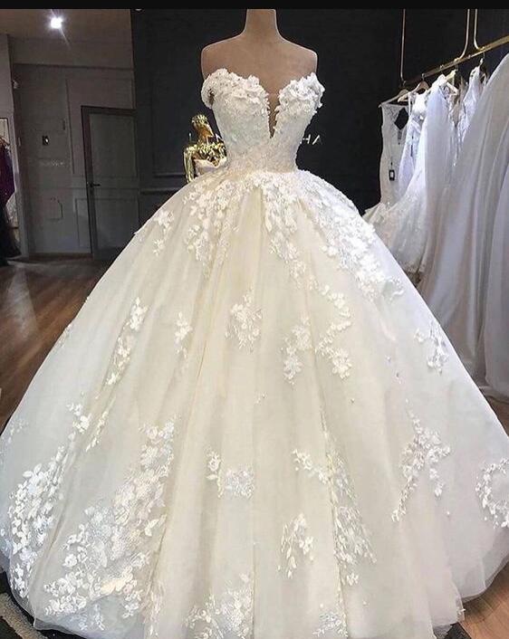 Princess Off Shoulder Lace Applique Wedding Dresses