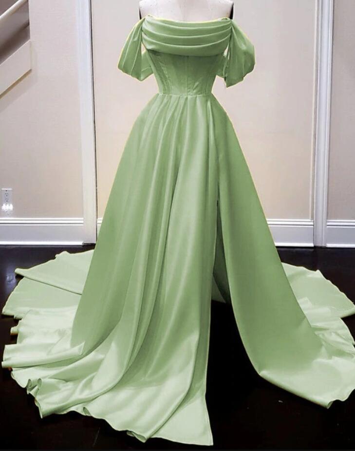 Off The Shoulder Side Split Long Satin Corset Prom Dresses