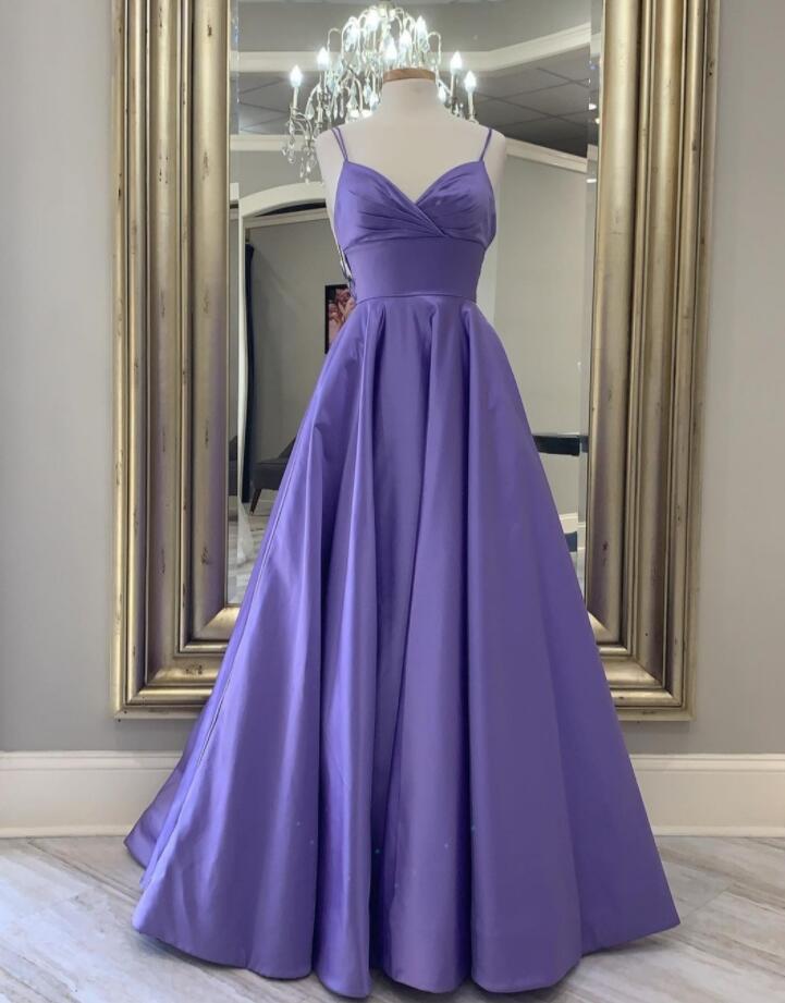 Spaghetti Straps Purple :long Stain Prom Dress Evening Gowns