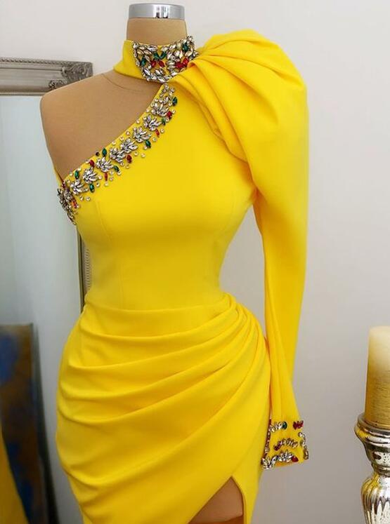 Sexy One Shoulder Yellow Long Evening Dresses For Party
